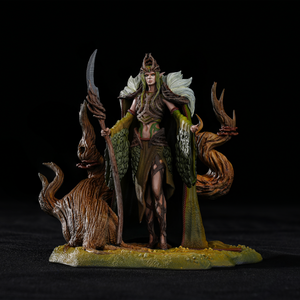 75mm legends of Aetheron Queen Galadren Marchwarden figure, master-painted Sylvan elf miniatures with detailed living wood throne and scythe.