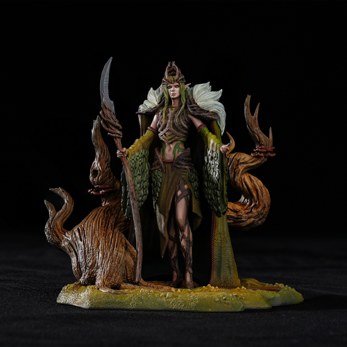 75mm legends of Aetheron Queen Galadren Marchwarden figure, master-painted Sylvan elf miniatures with detailed living wood throne and scythe.