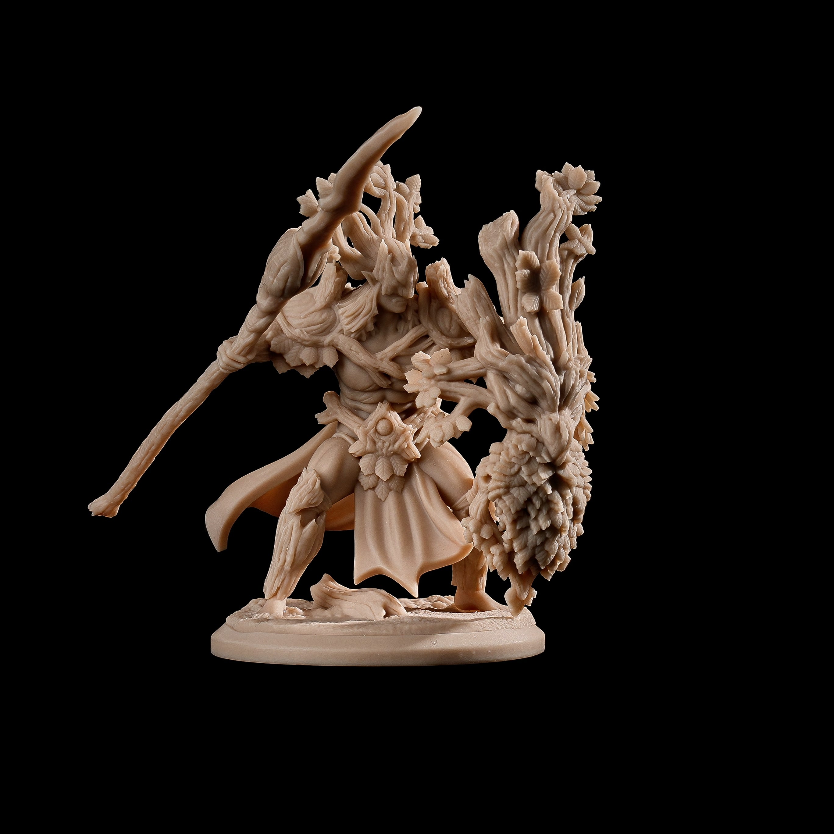 Unpainted Elderthorn Guard 32mm miniature, raw resin figure with living wood armor detail, ready to paint for wargame proxy.