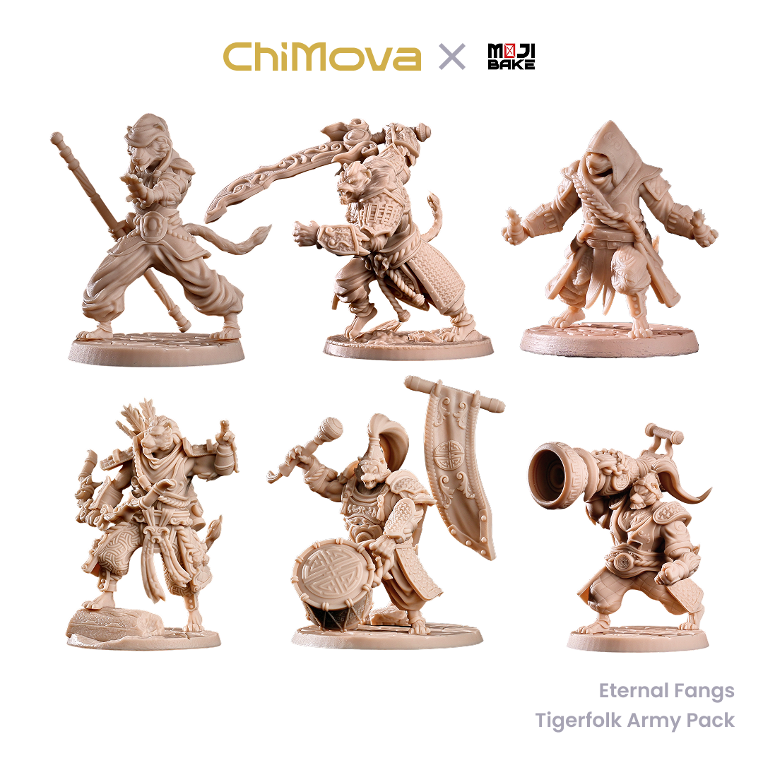 Mojibake Collectibles Eternal Fangs: Tigerfolk Army Pack unpainted 32mm resin miniature set for DND tabletop gaming and collectors, view 1