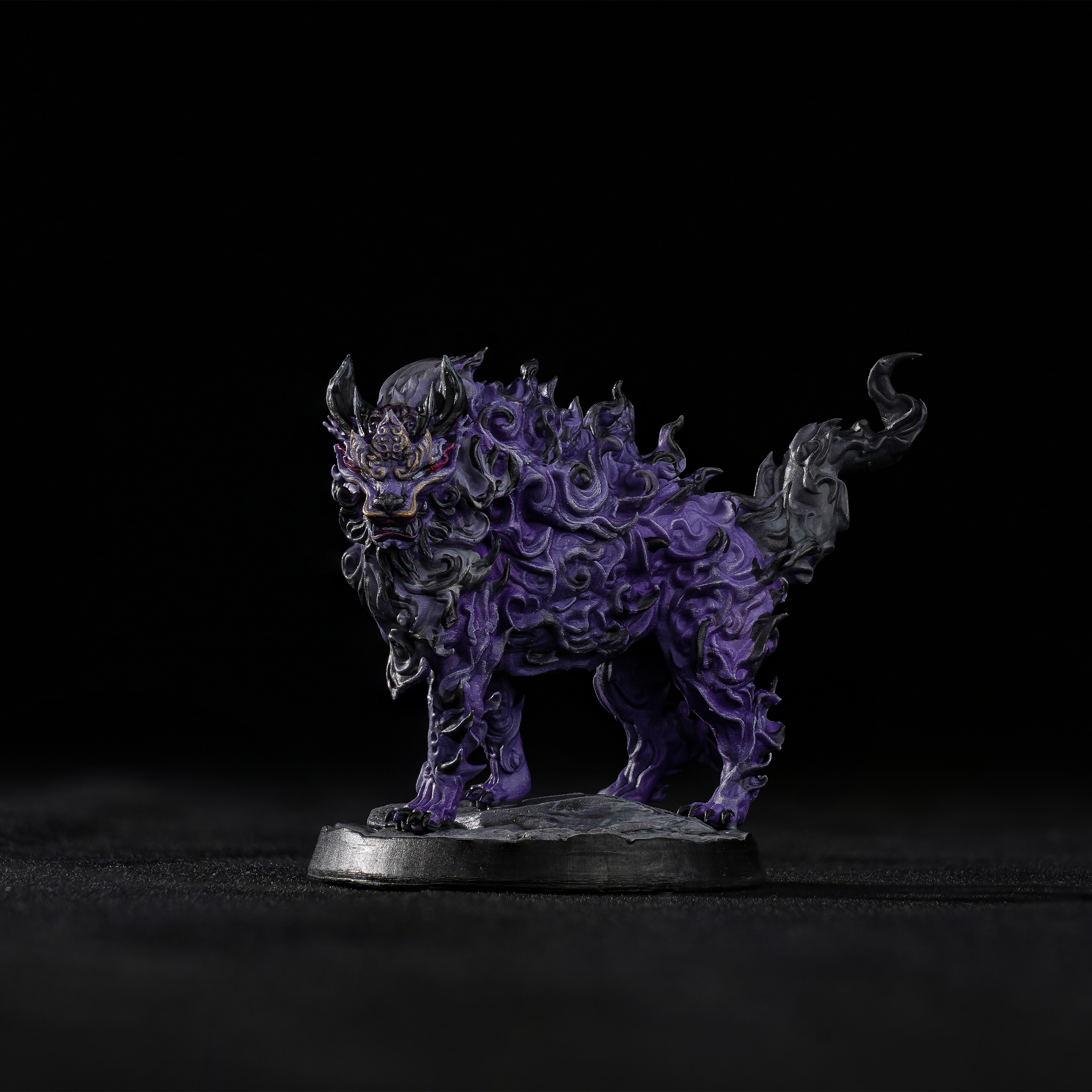 Shadow Beast miniature pro-painted with purple shadowy energy fur, detailed dark fantasy creature figure for DND encounters.