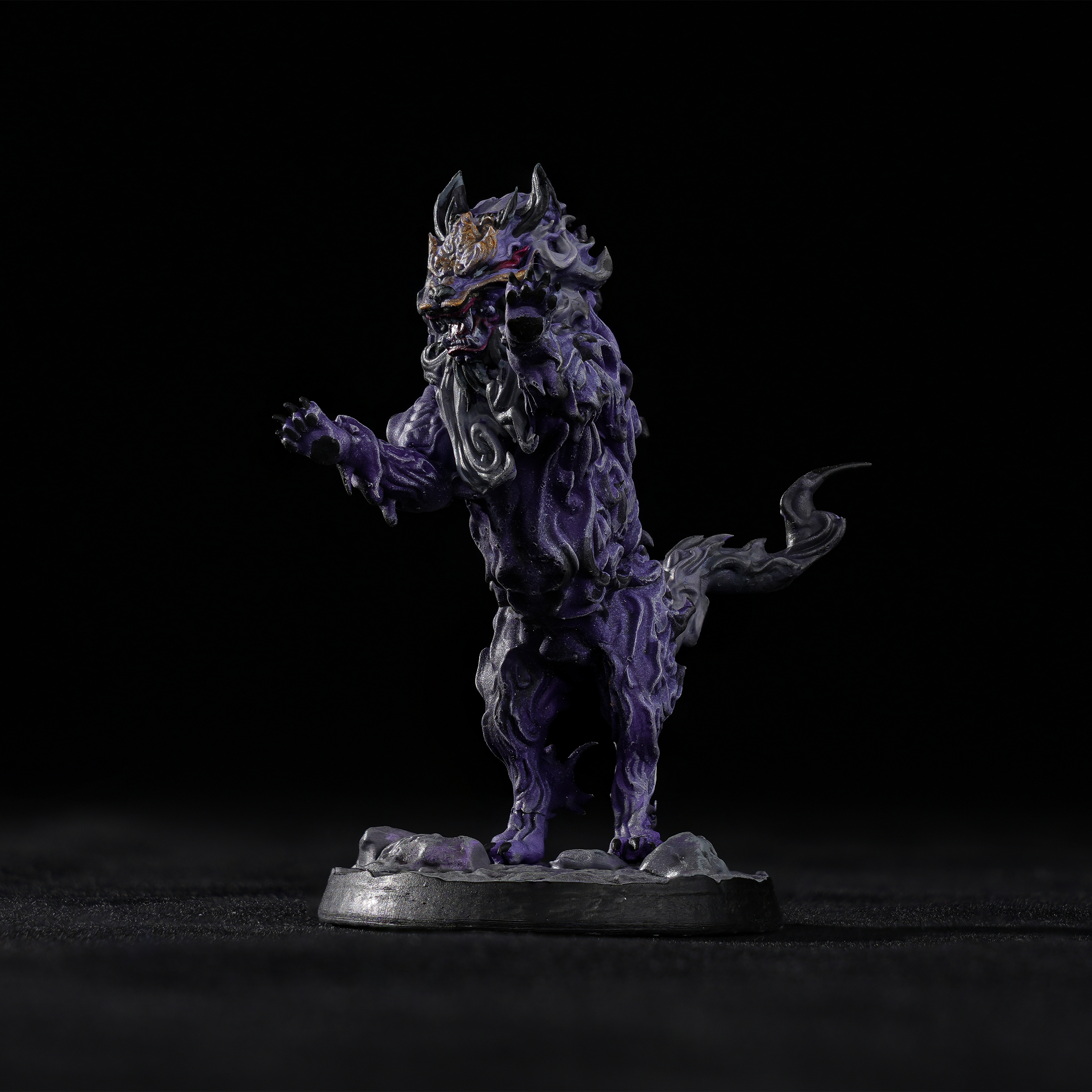 Painted Shadow Beast rearing up - front claws lunging, mouth wide, red eyes, two horns, smoky dark energy wrapping body and tail - Eternal Fangs: Battle for Xiuyu