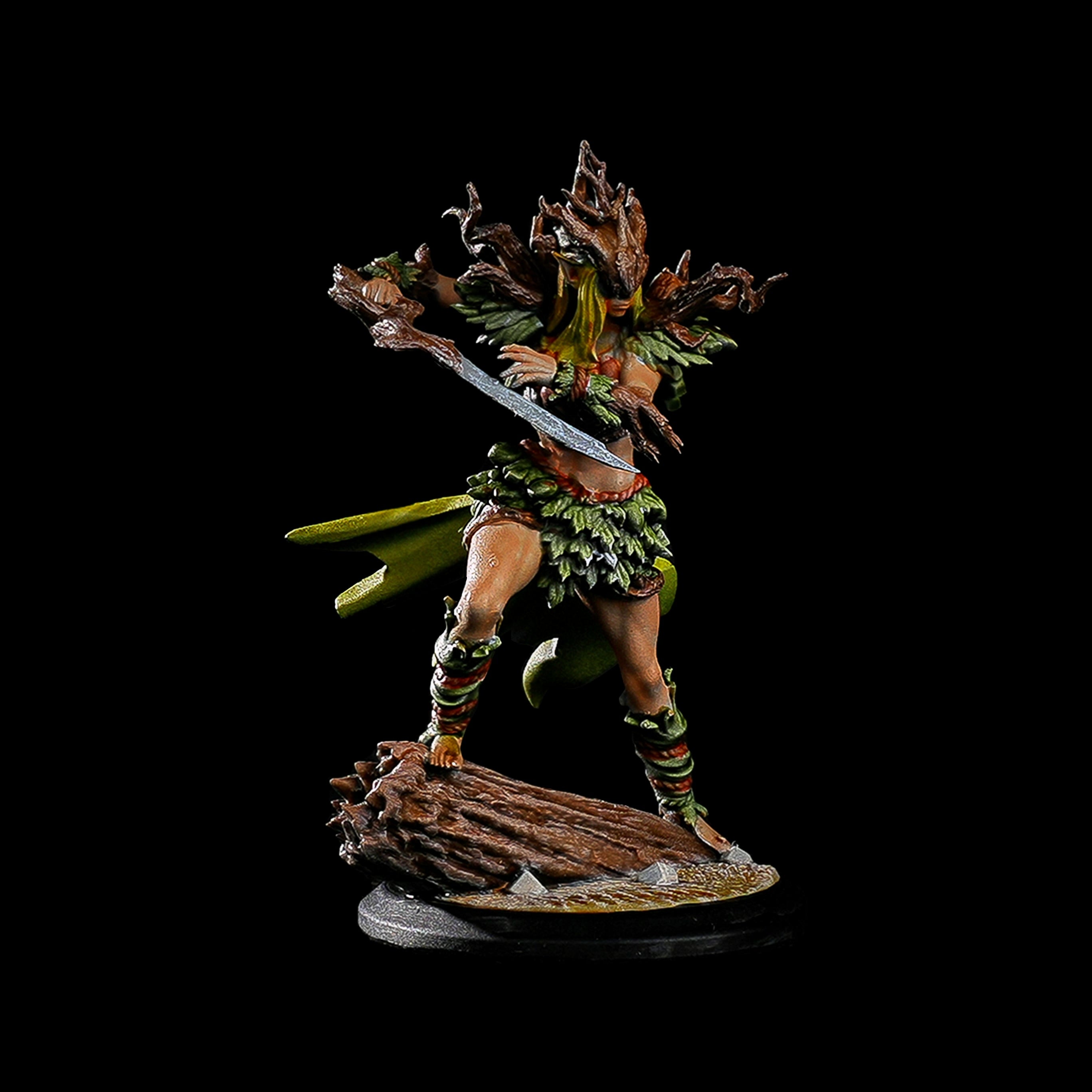 Highly detailed 3D printed resin miniature of Thalor Bladesinger, master-painted with druidic rune blade and organic textures.