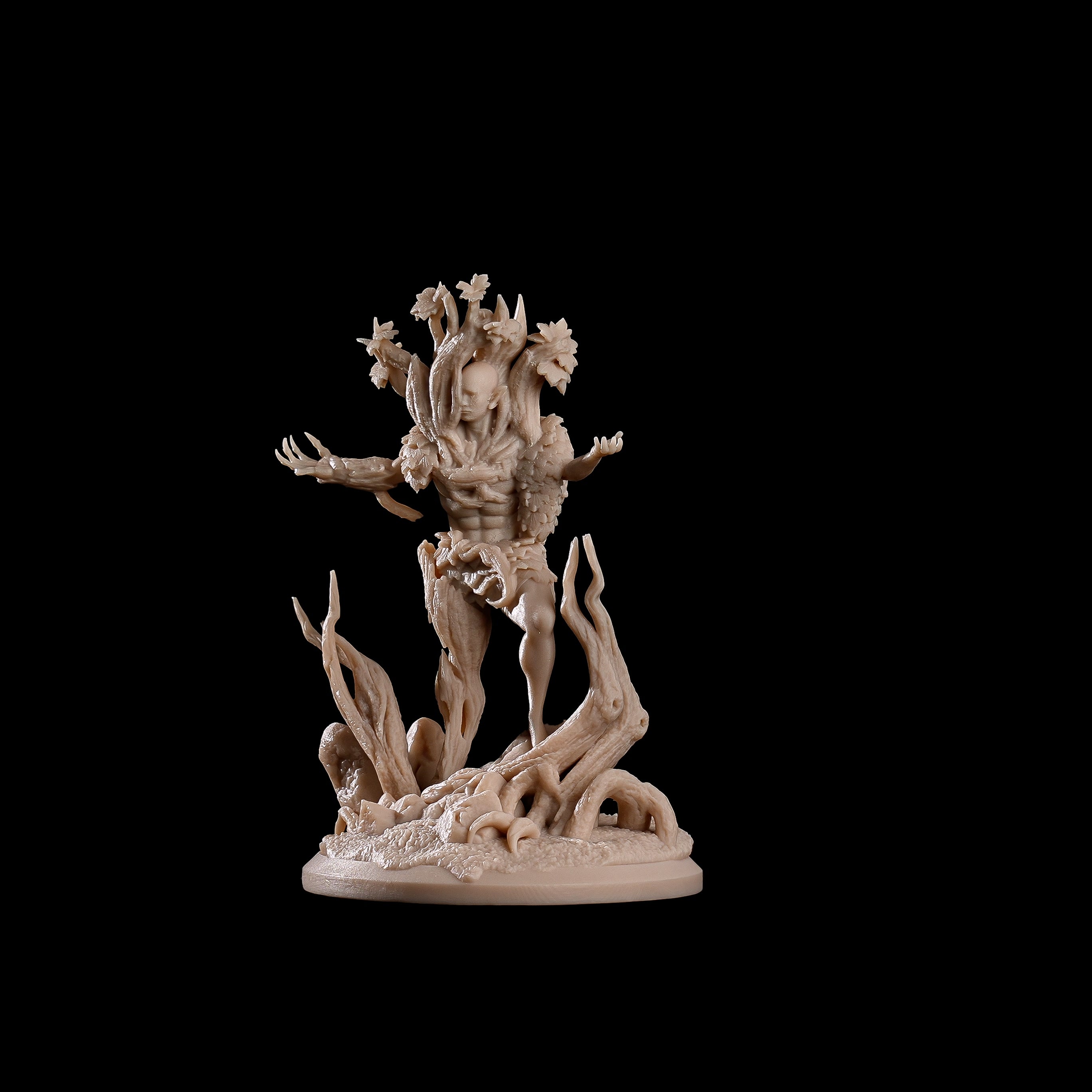 Unpainted Ritekeeper druid miniature, 32mm grey resin figure with intricate roots and living wood armor detail, organic textures which ready for custom painting.