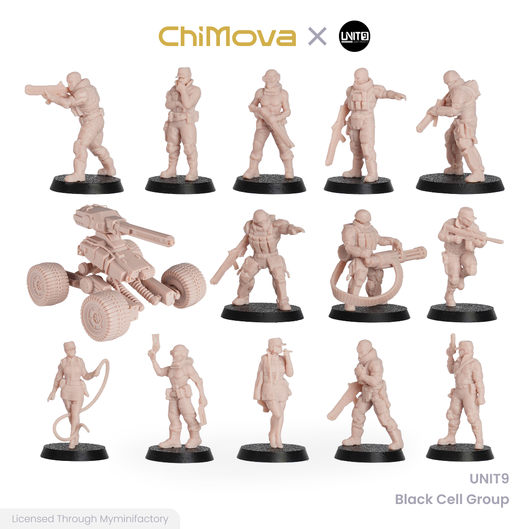 UNIT9 Black Cell Group unpainted 32mm resin miniature set for DND tabletop gaming and collectors, view 1