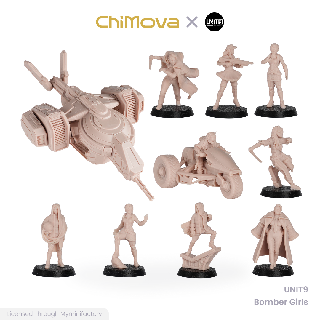 UNIT9 Bomber Girls unpainted 32mm resin miniature set for DND tabletop gaming and collectors, view 1