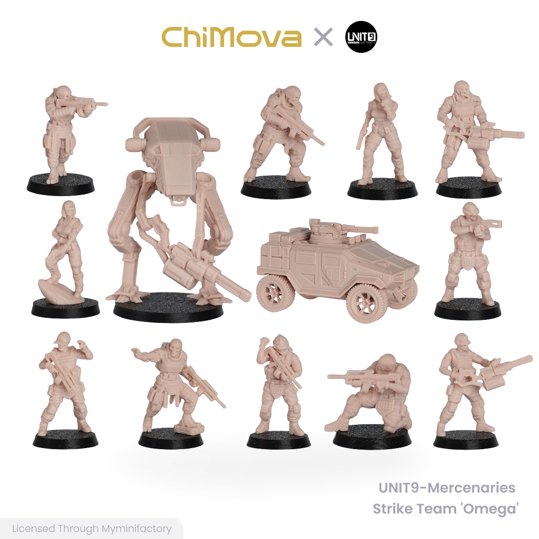 UNIT9 Mercenaries Strike team 'Omega' unpainted 32mm resin miniature set for DND tabletop gaming and collectors, view 1