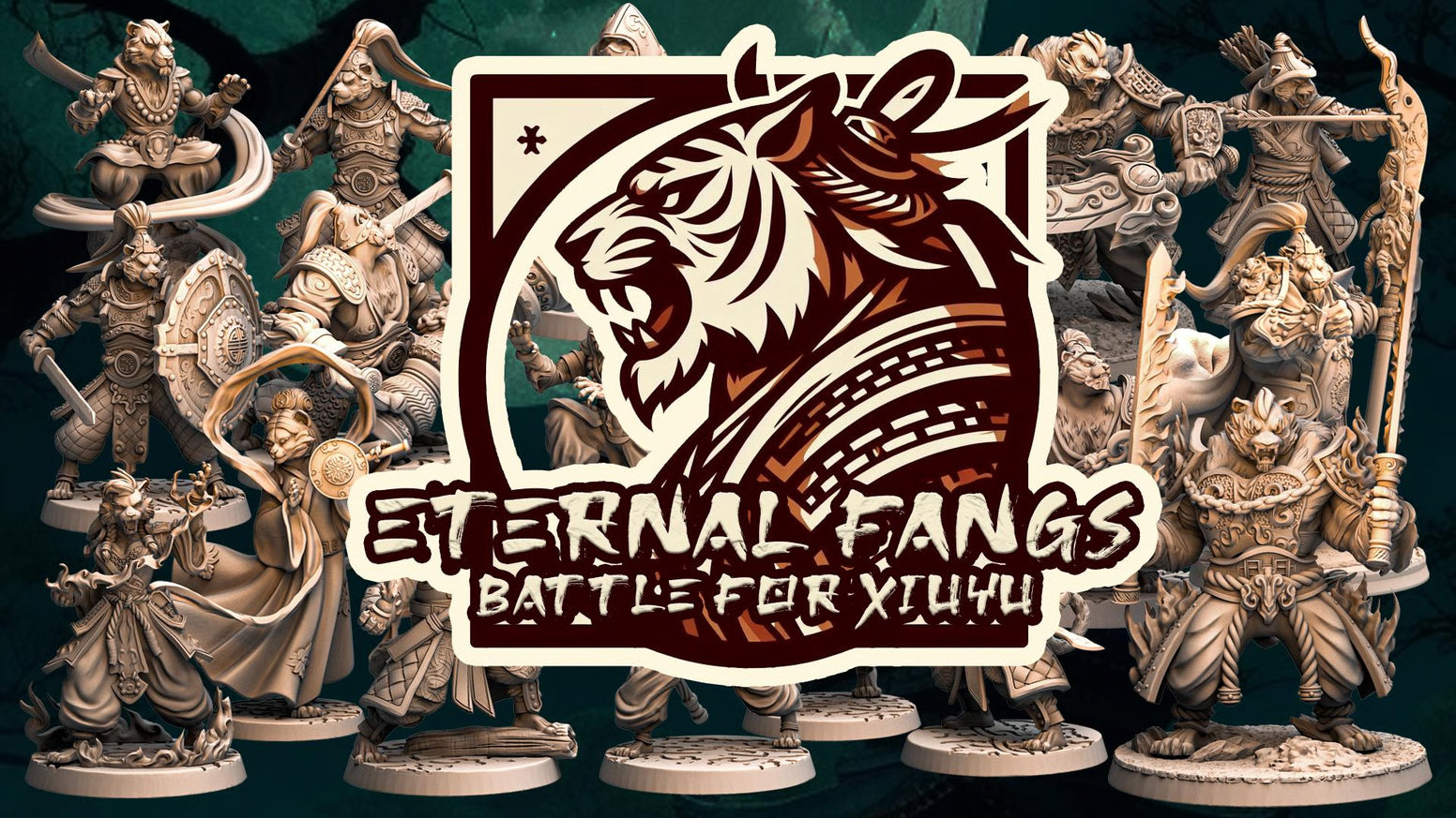 Eternal Fangs Battle for Xinyu, high-detail 3D printed tiger folk miniatures for DND and wargaming, unpainted resin figures.