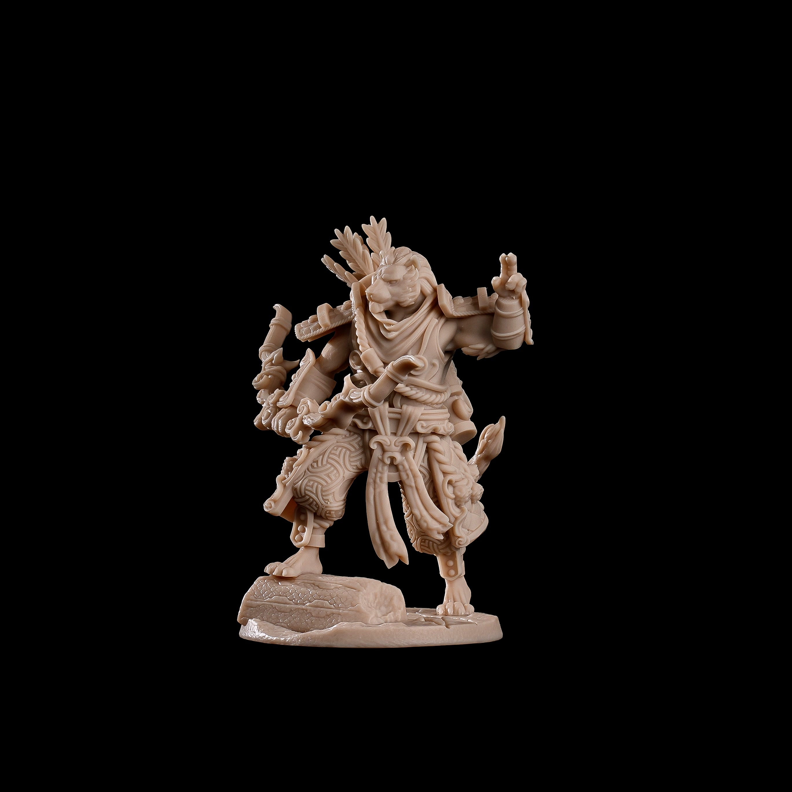 Unpainted 3D printed miniature of Lihuan, Tigerfolk Archer for DND and wargame gaming, ideal for miniature painting.