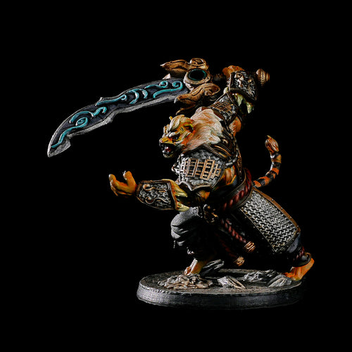 Pro-painted Tigerfolk Berserker miniature with detailed tiger stripes and massive Dao blade, elite fantasy miniature for DND and wargames.