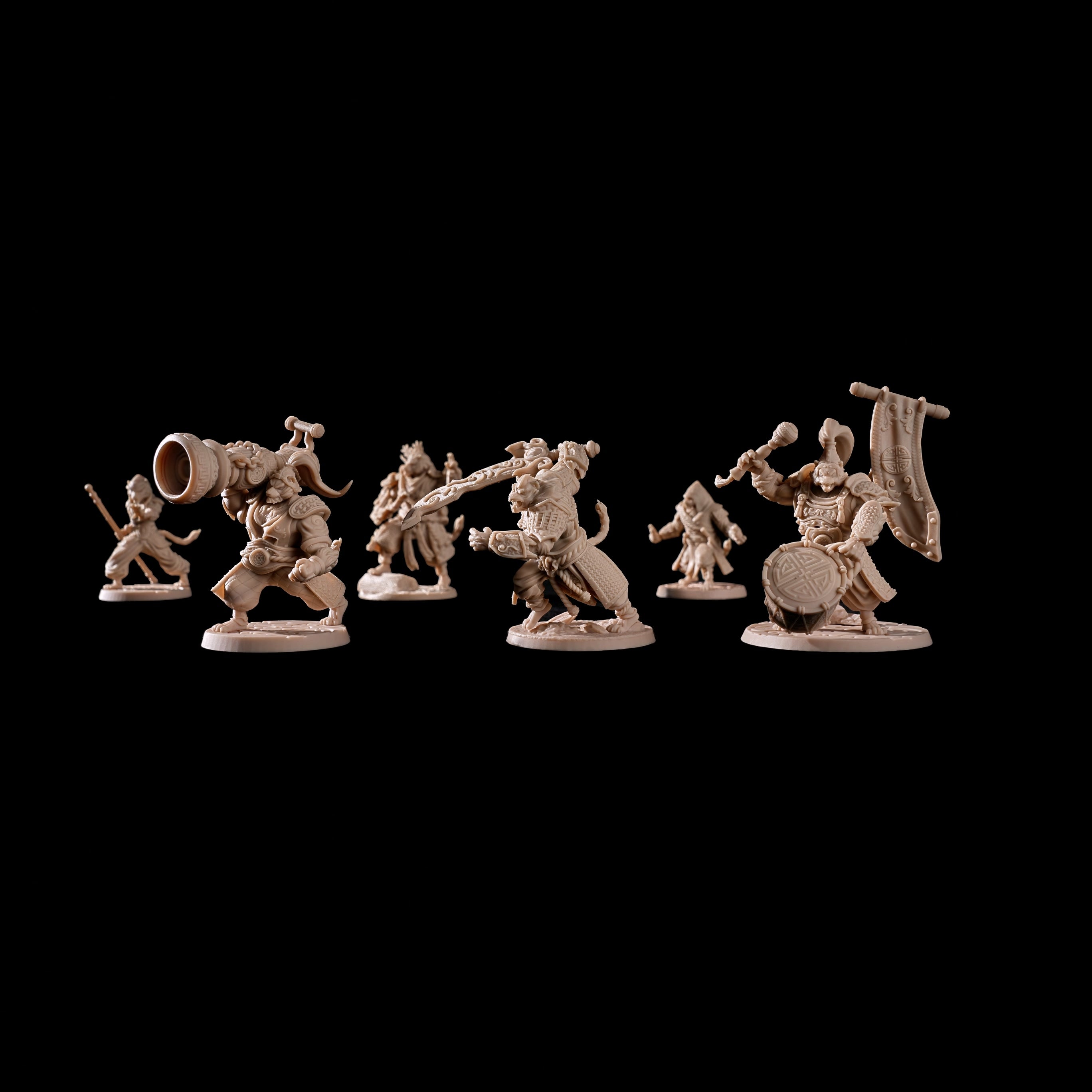 Unpainted Tigerfolk Army miniatures pack, 6 detailed resin tiger warriors for hobby painting, 32mm 3D printed wargame figures.