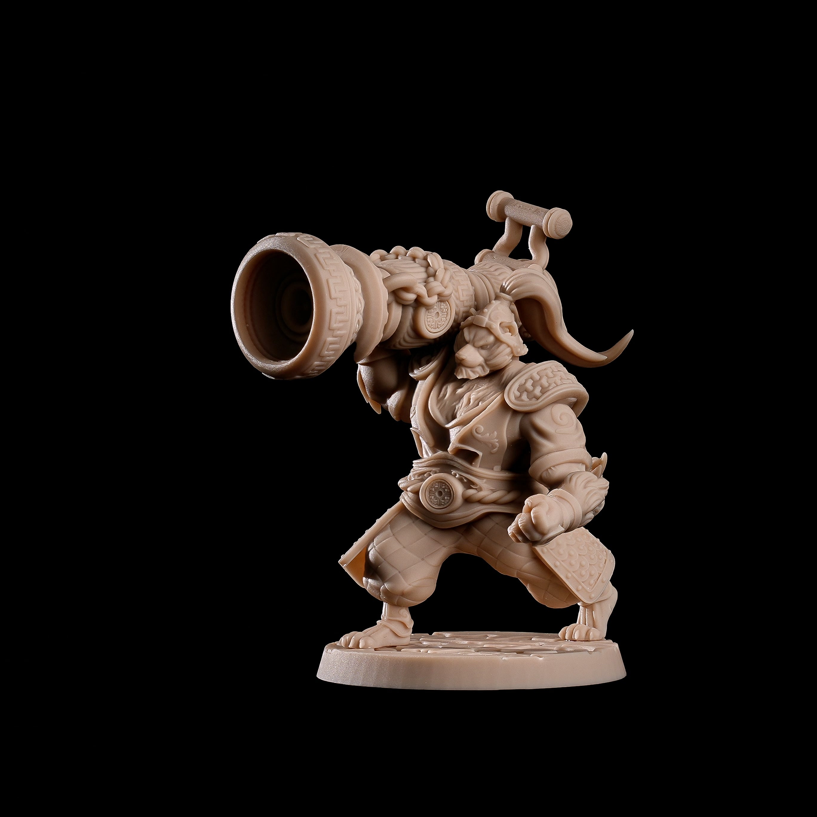 Unpainted 3D printed miniatures of Tigerfolk Artificer with heavy cannon. Highly detailed wargame miniature for table top gaming, perfect as a Warhammer 40k or DND proxy. 