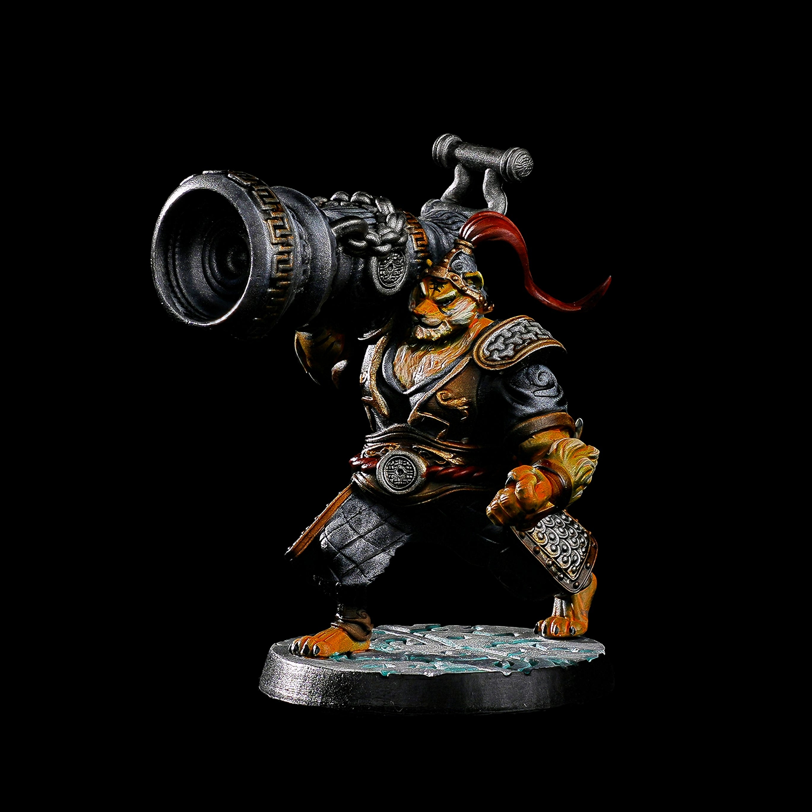 Hand-painted Tigerfolk Artificer miniature with a heavy stone cannon. High-detail fantasy miniature for tabletop gaming, featuring realistic tiger stripes and metallic armor, perfect for DND or Warhammer.