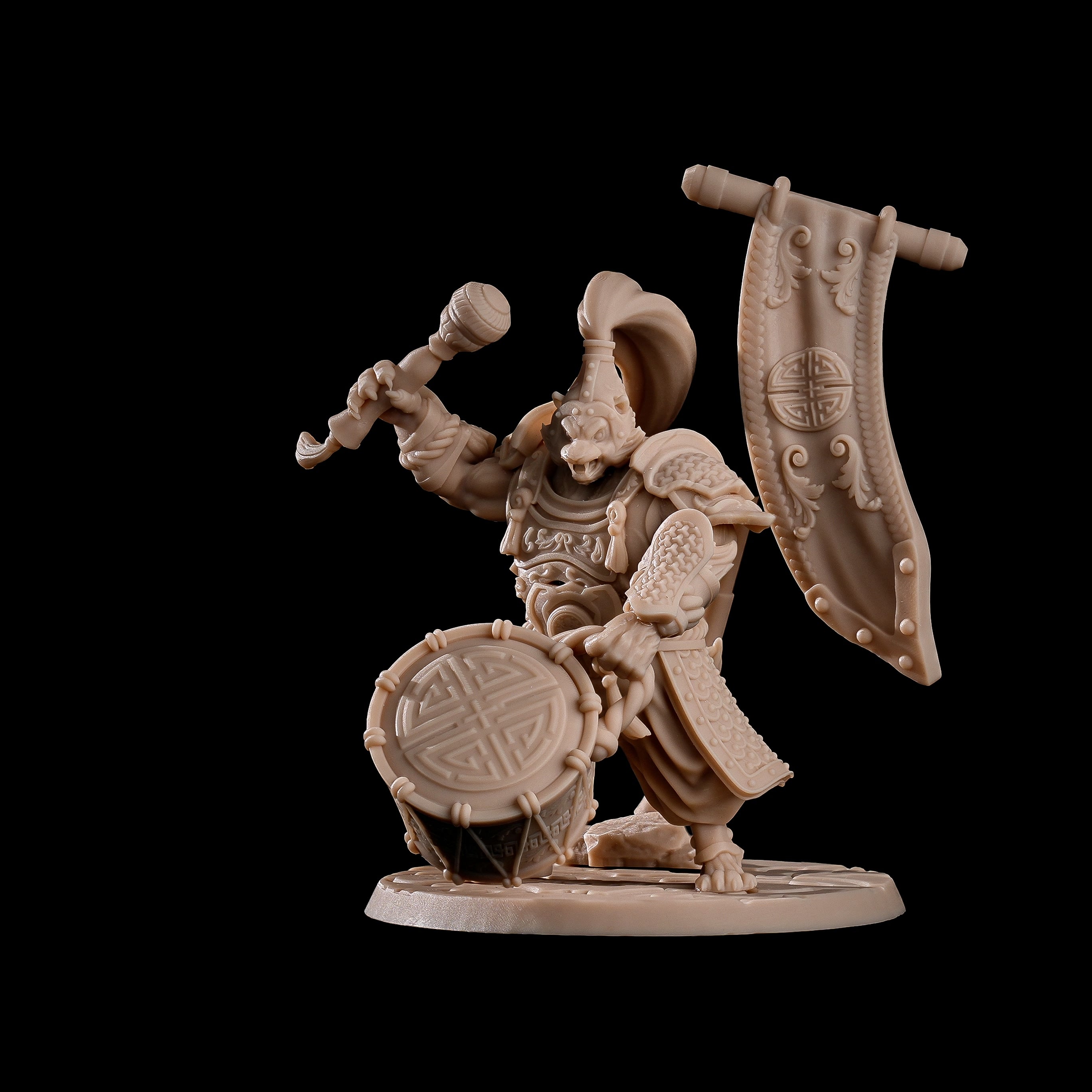 Unpainted 3D printed miniature of Tigerfolk Wardrummer for DND, highly detailed wargame miniature for table top gaming.